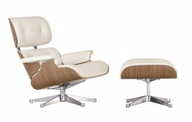 Кресло Eames Style Lounge Chair & Ottoman PREMIUM  тепло-белая кожа/орех